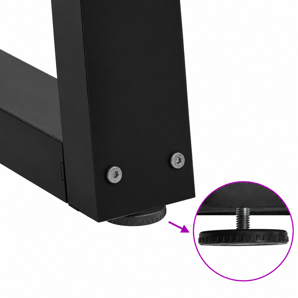 Détail du patin réglable des pieds de table basse en V en acier noir, 70 × 42 cm