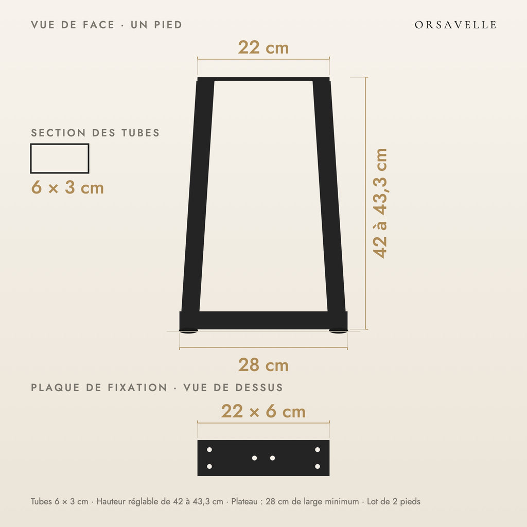 Schéma coté des Pieds de table basse en V en acier, Lot de 2, 28 × 42 cm : vue de face d'un pied, plaque de fixation, dimensions en cm
