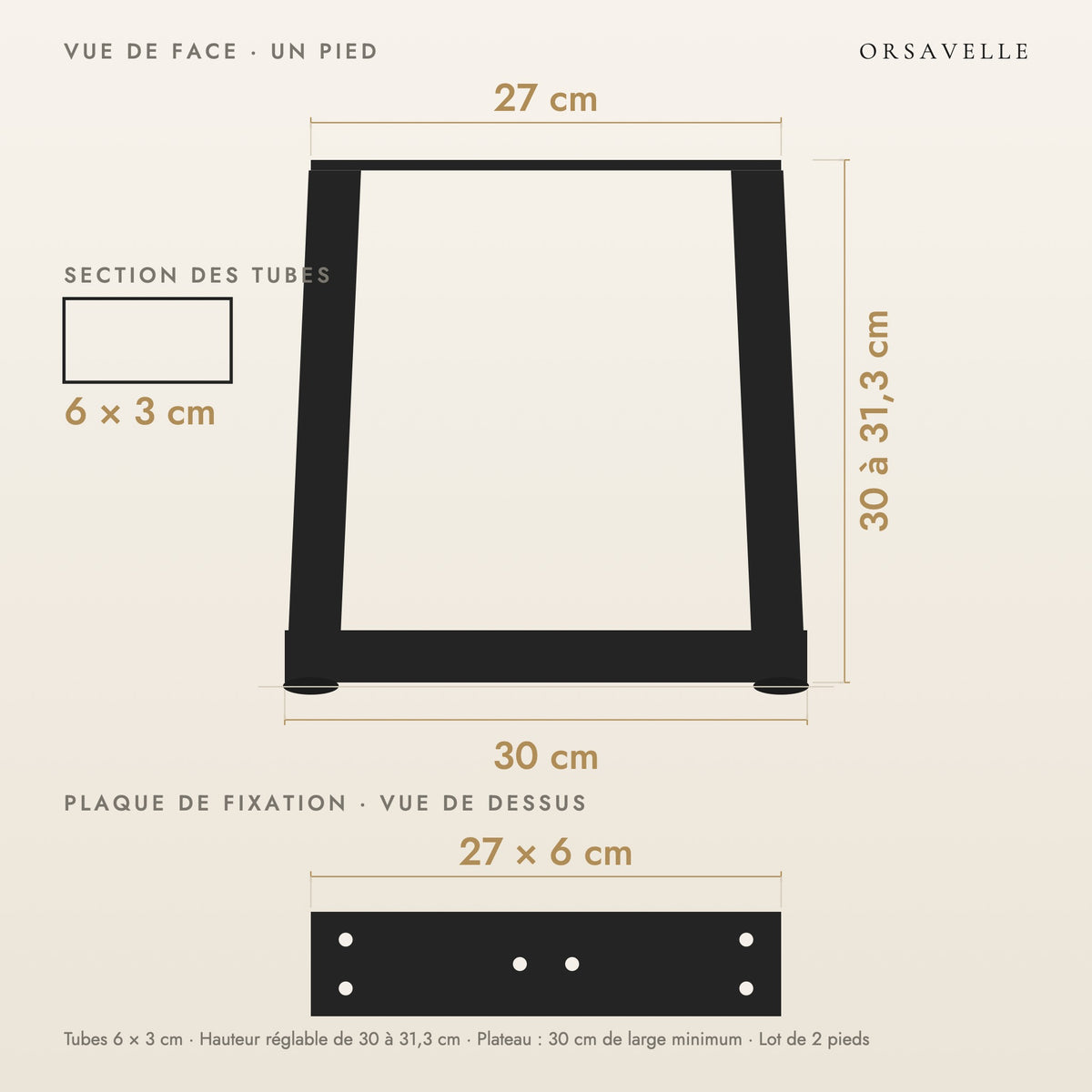 Schéma coté des Pieds de table basse en V en acier, Lot de 2, 30 × 30 cm : vue de face d'un pied, plaque de fixation, dimensions en cm