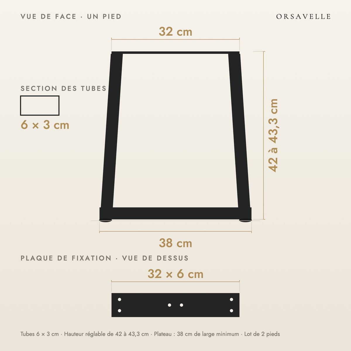 Schéma coté des Pieds de table basse en V en acier, Lot de 2, 38 × 42 cm : vue de face d'un pied, plaque de fixation, dimensions en cm