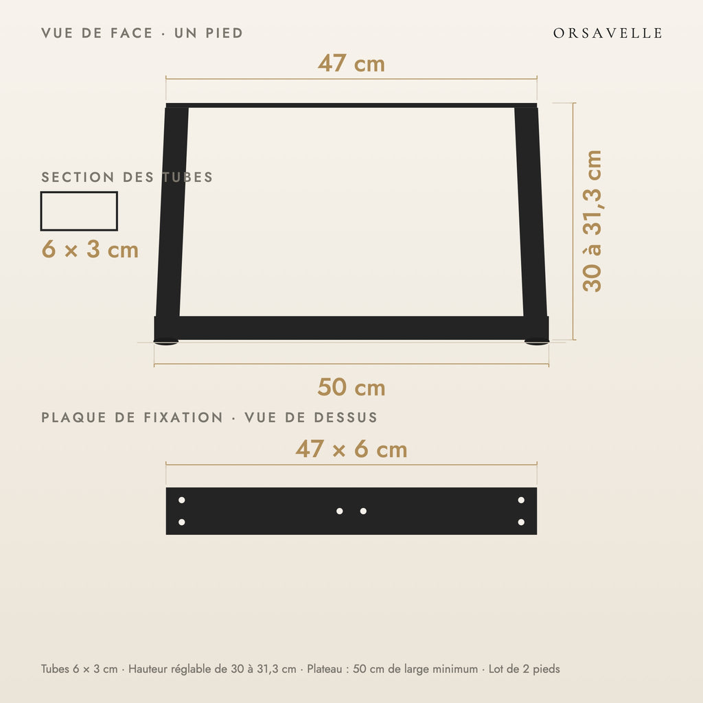 Schéma coté des Pieds de table basse en V en acier, Lot de 2, 50 × 30 cm : vue de face d'un pied, plaque de fixation, dimensions en cm