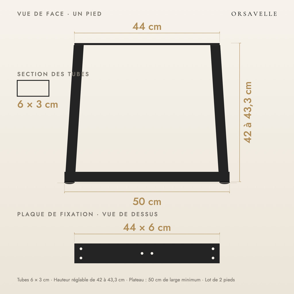 Schéma coté des Pieds de table basse en V en acier, Lot de 2, 50 × 42 cm : vue de face d'un pied, plaque de fixation, dimensions en cm