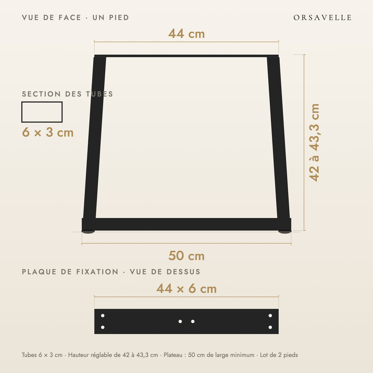 Schéma coté des Pieds de table basse en V en acier, Lot de 2, 50 × 42 cm : vue de face d'un pied, plaque de fixation, dimensions en cm