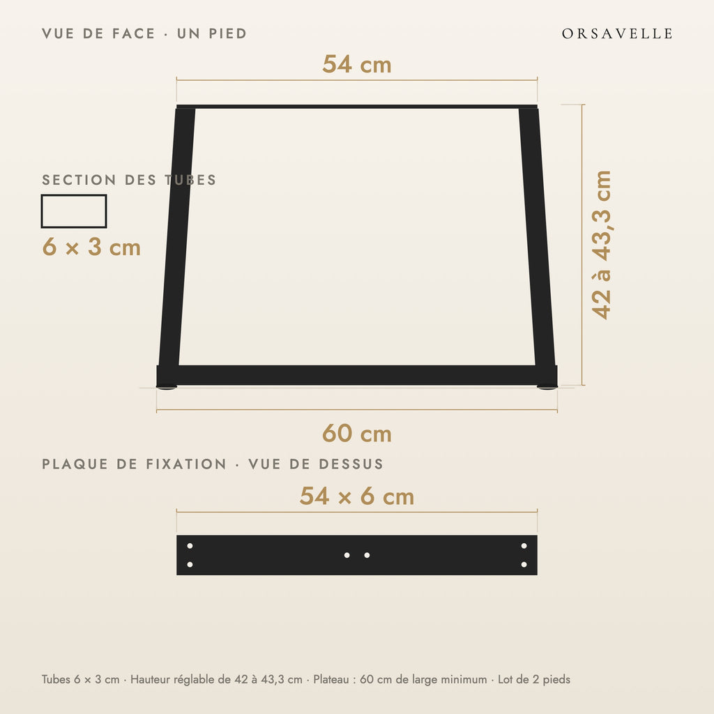 Schéma coté des Pieds de table basse en V en acier, Lot de 2, 60 × 42 cm : vue de face d'un pied, plaque de fixation, dimensions en cm