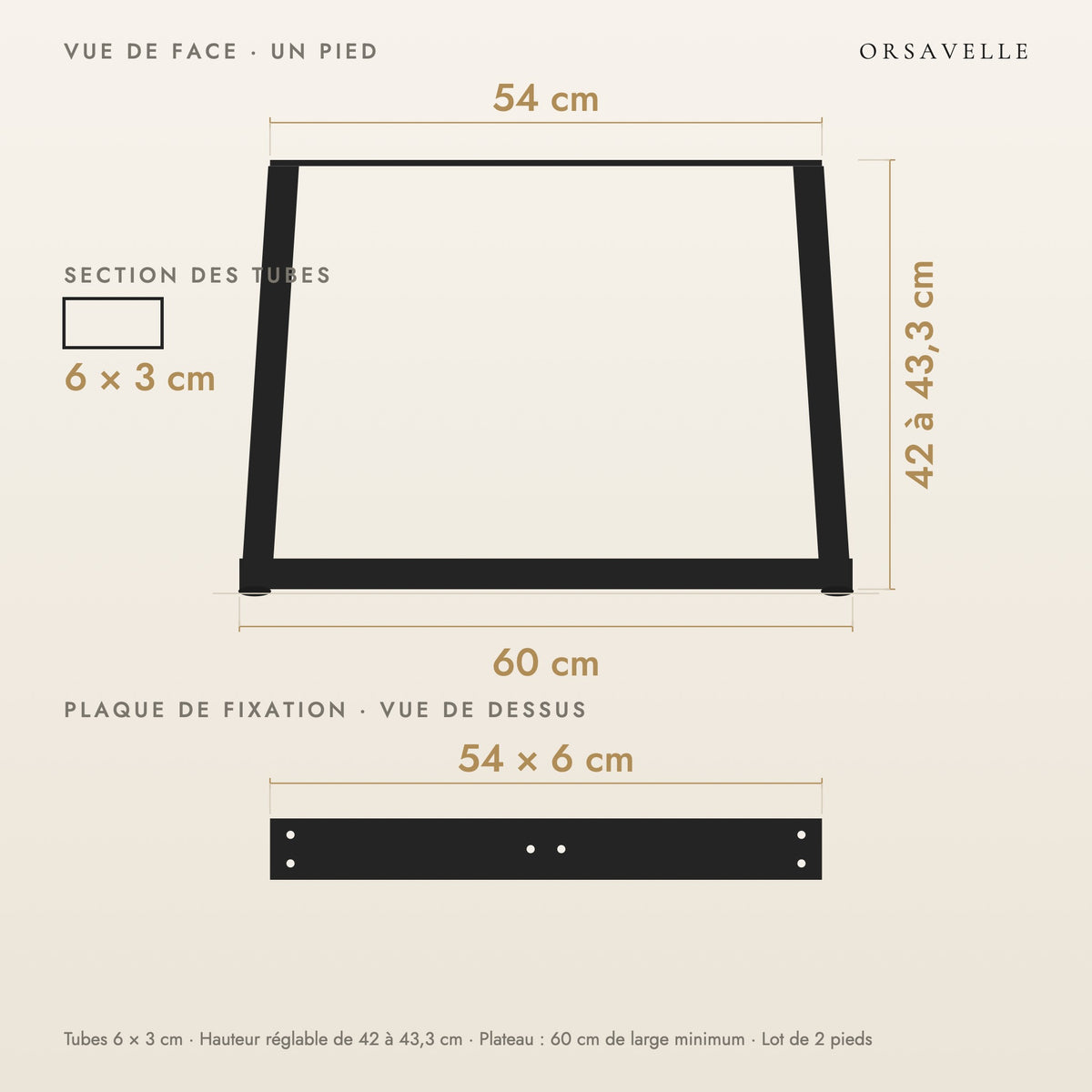 Schéma coté des Pieds de table basse en V en acier, Lot de 2, 60 × 42 cm : vue de face d'un pied, plaque de fixation, dimensions en cm