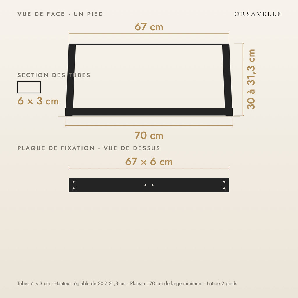 Schéma coté des Pieds de table basse en V en acier, Lot de 2, 70 × 30 cm : vue de face d'un pied, plaque de fixation, dimensions en cm