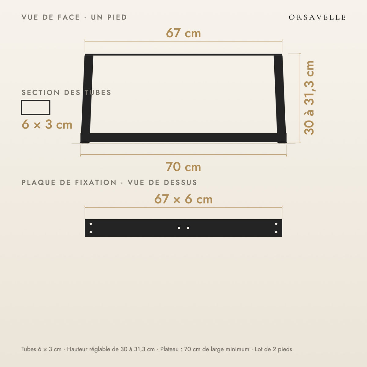 Schéma coté des Pieds de table basse en V en acier, Lot de 2, 70 × 30 cm : vue de face d'un pied, plaque de fixation, dimensions en cm