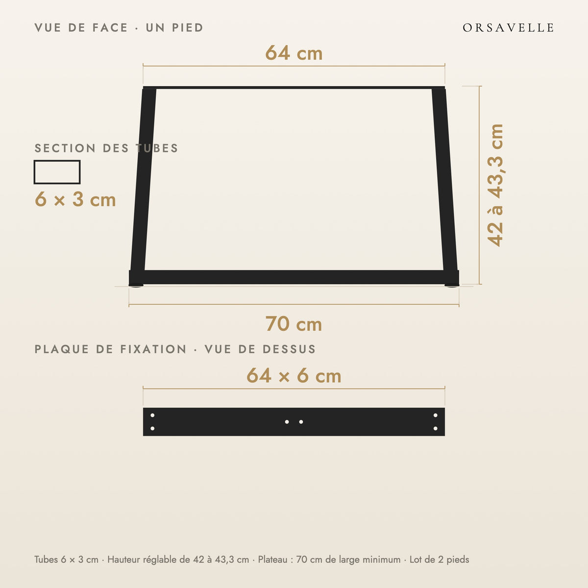 Schéma coté des Pieds de table basse en V en acier, Lot de 2, 70 × 42 cm : vue de face d'un pied, plaque de fixation, dimensions en cm