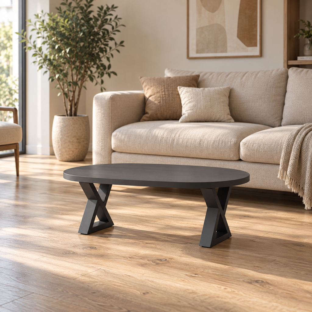 Pieds de table basse en X en acier anthracite, lot de 2, 30 × 30 cm, en situation dans un salon