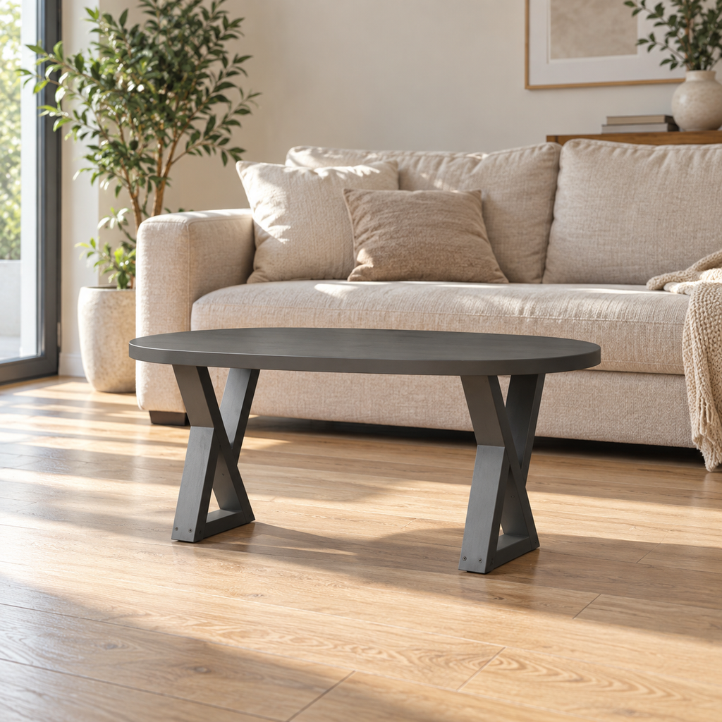 Pieds de table basse en X en acier anthracite, lot de 2, 38 × 42 cm, en situation dans un salon
