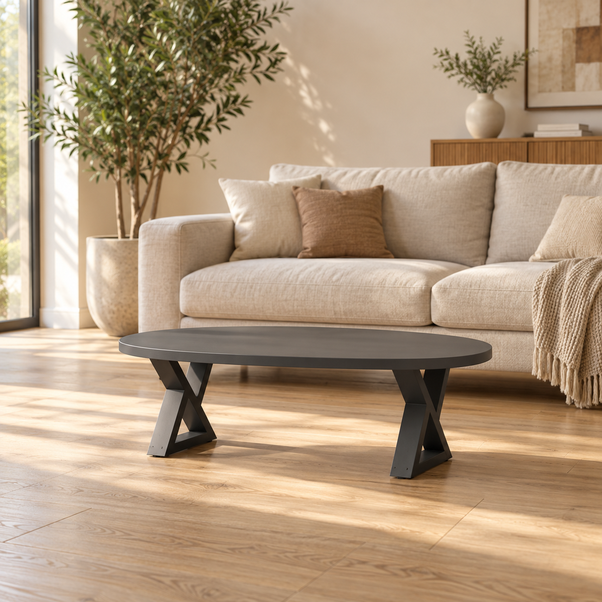 Pieds de table basse en X en acier anthracite, lot de 2, 40 × 30 cm, en situation dans un salon