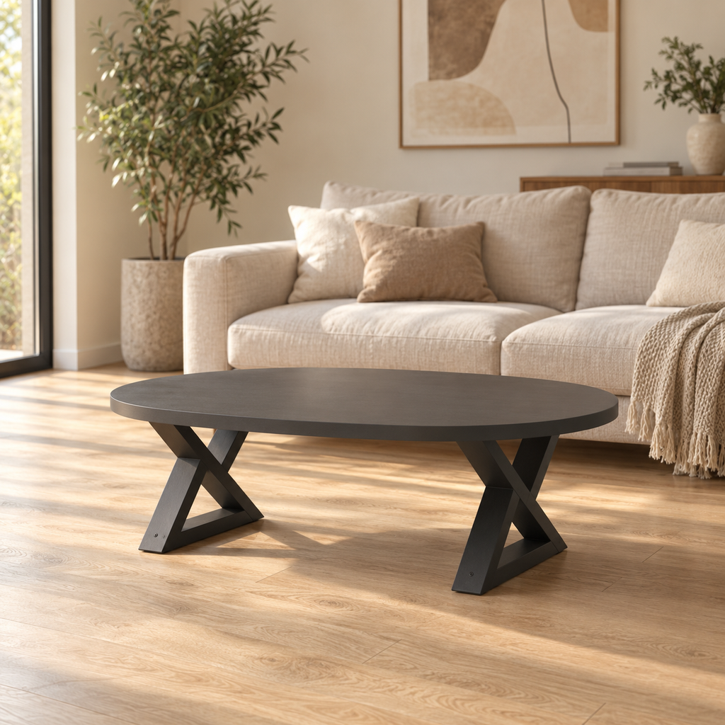 Pieds de table basse en X en acier anthracite, lot de 2, 50 × 30 cm, en situation dans un salon