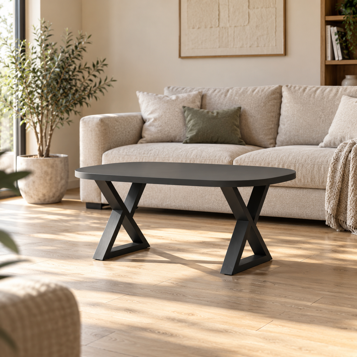 Pieds de table basse en X en acier anthracite, lot de 2, 50 × 42 cm, en situation dans un salon