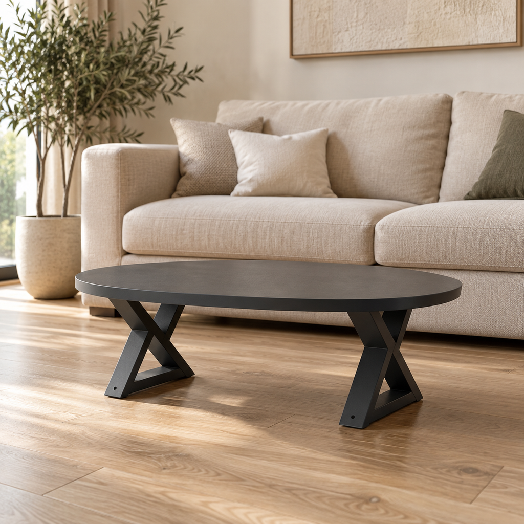 Pieds de table basse en X en acier anthracite, lot de 2, 60 × 30 cm, en situation dans un salon