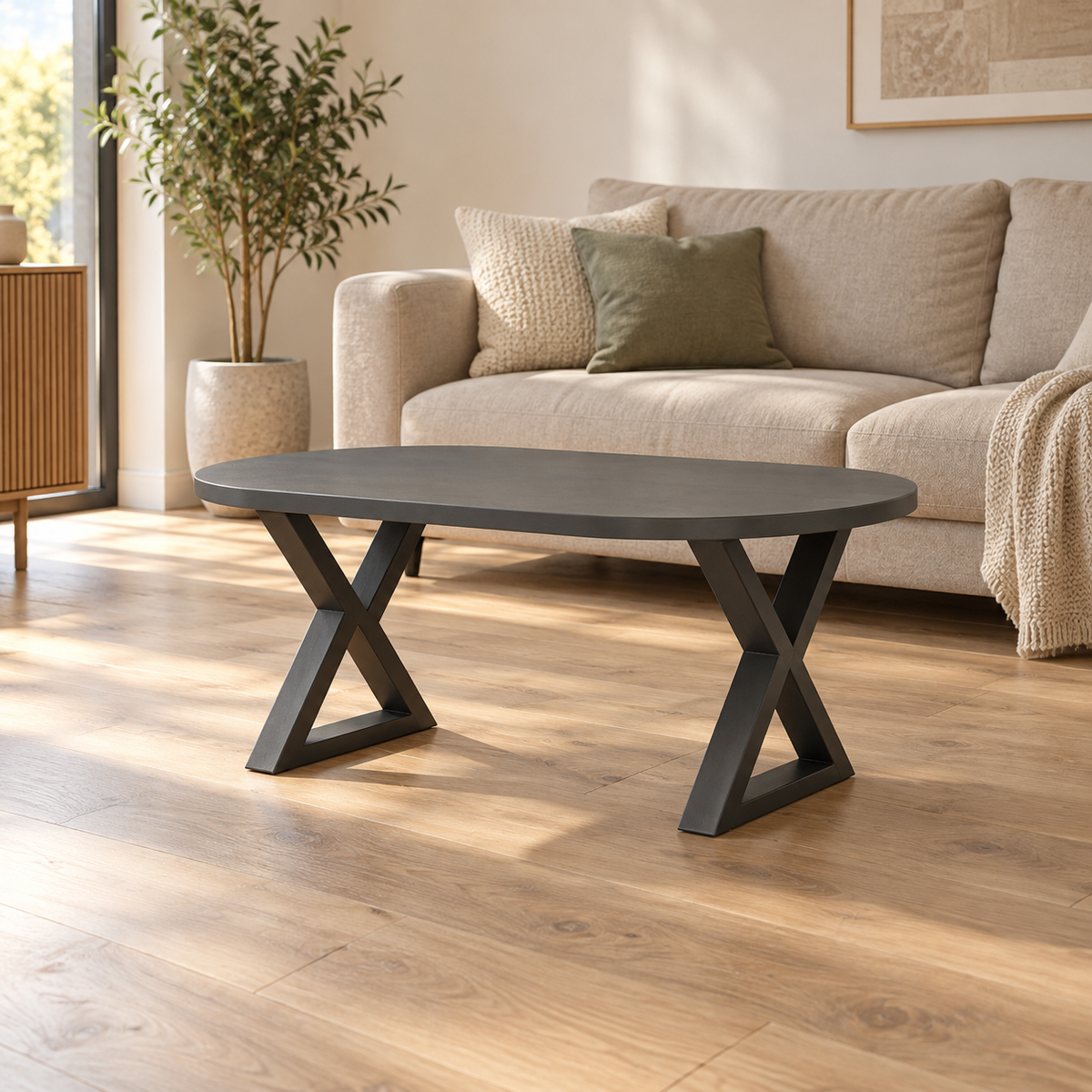 Pieds de table basse en X en acier anthracite, lot de 2, 60 × 42 cm, en situation dans un salon