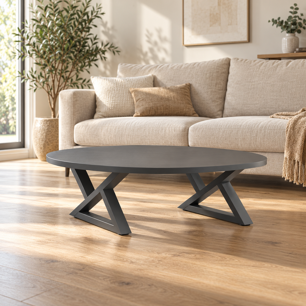 Pieds de table basse en X en acier anthracite, lot de 2, 70 × 30 cm, en situation dans un salon