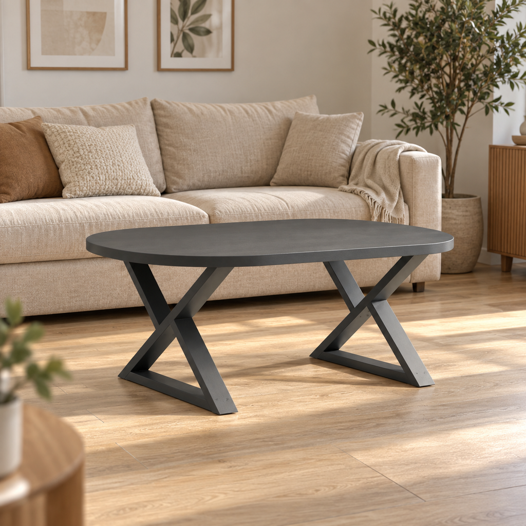 Pieds de table basse en X en acier anthracite, lot de 2, 70 × 42 cm, en situation dans un salon