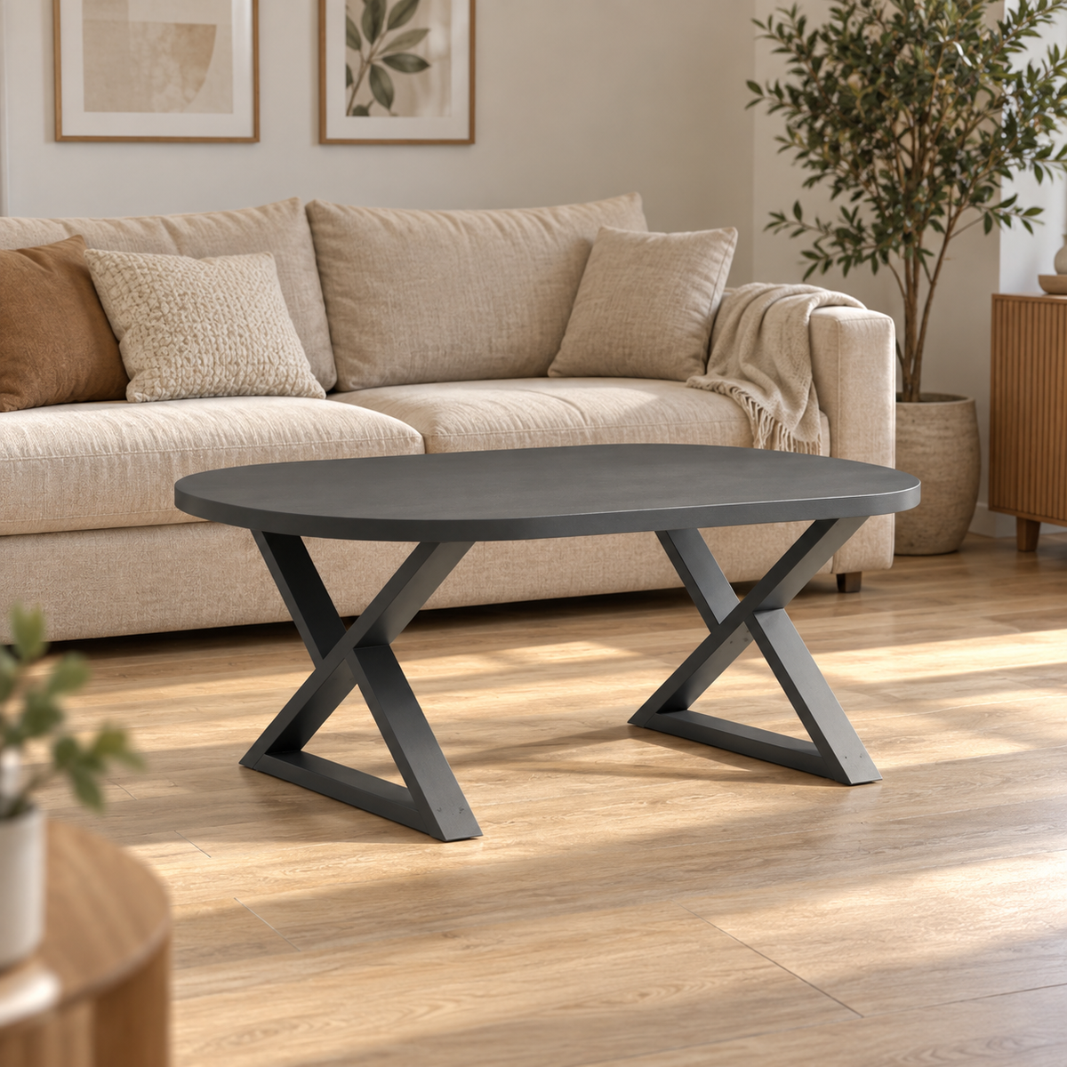 Pieds de table basse en X en acier anthracite, lot de 2, 70 × 42 cm, en situation dans un salon