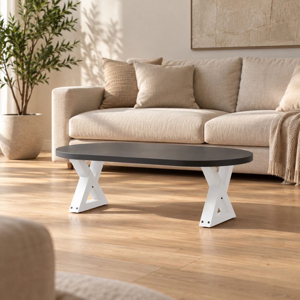 Pieds de table basse en X en acier blanc, lot de 2, 30 × 30 cm, en situation dans un salon