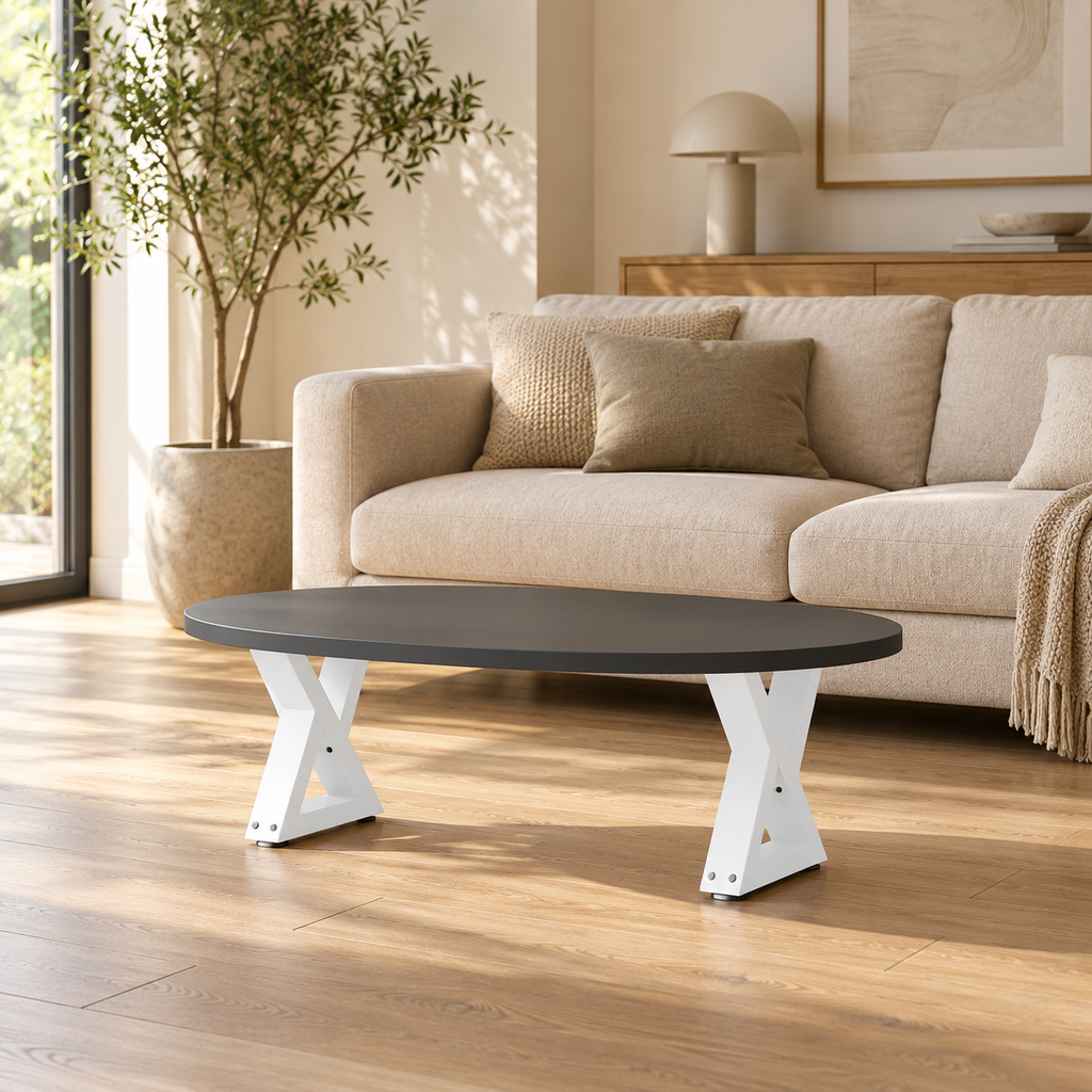 Pieds de table basse en X en acier blanc, lot de 2, 40 × 30 cm, en situation dans un salon