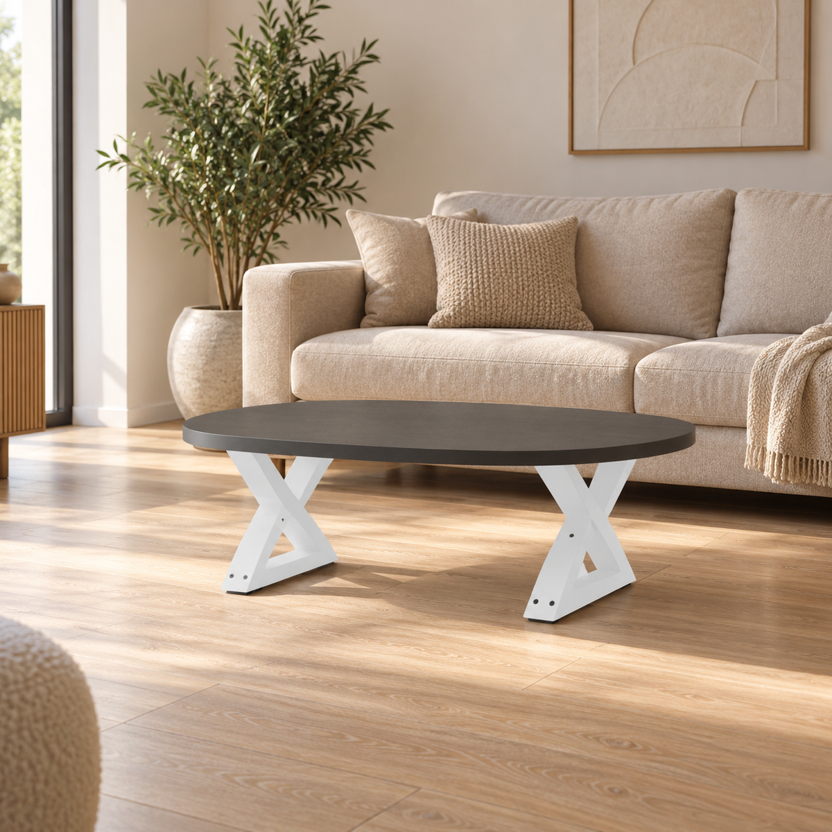 Pieds de table basse en X en acier blanc, lot de 2, 50 × 30 cm, en situation dans un salon