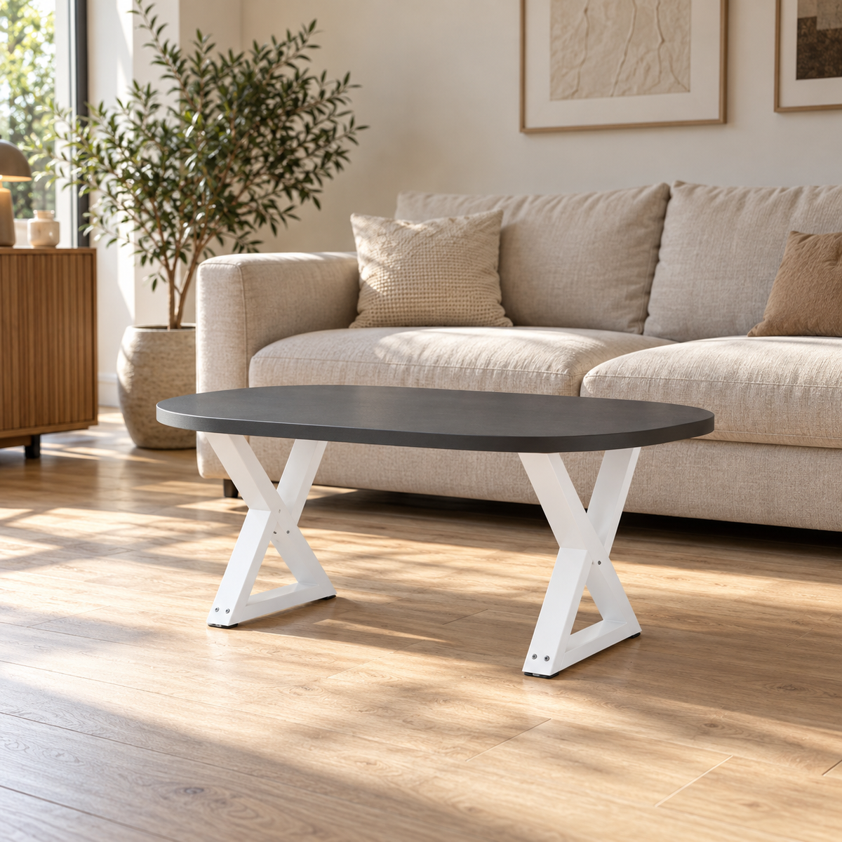 Pieds de table basse en X en acier blanc, lot de 2, 50 × 42 cm, en situation dans un salon