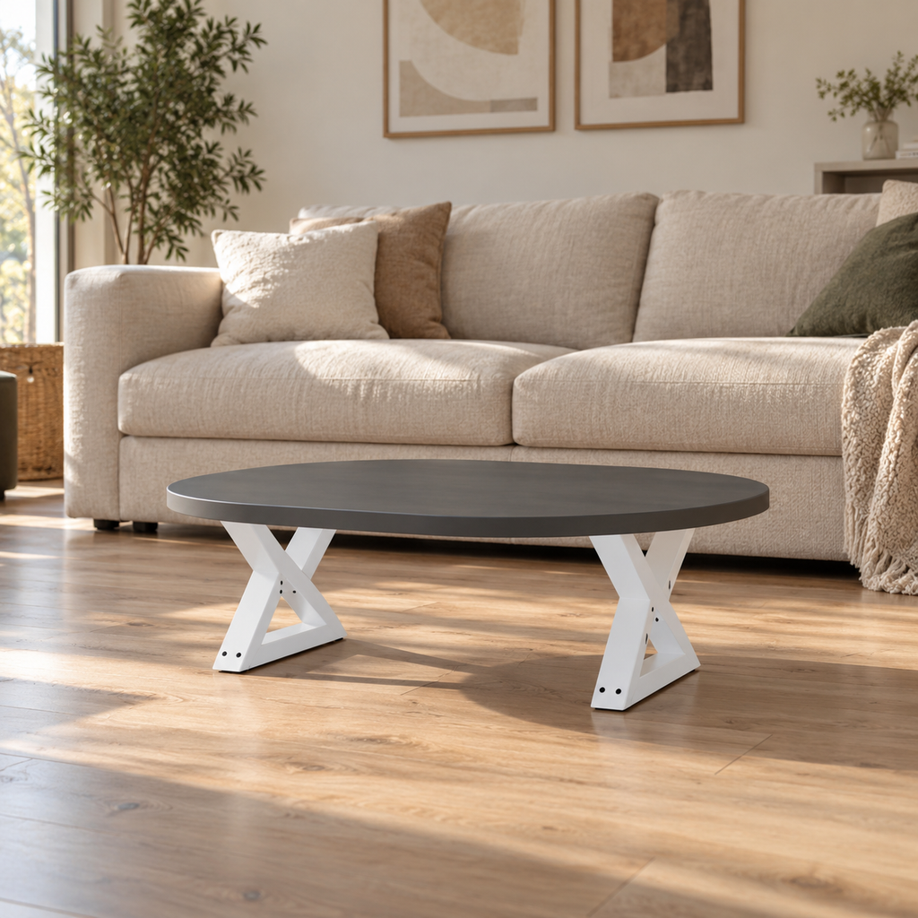 Pieds de table basse en X en acier blanc, lot de 2, 60 × 30 cm, en situation dans un salon