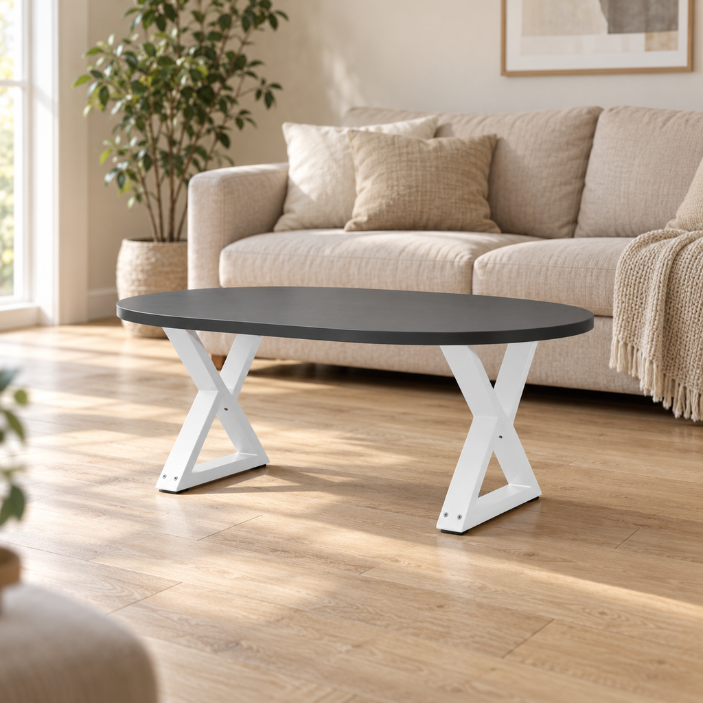 Pieds de table basse en X en acier blanc, lot de 2, 60 × 42 cm, en situation dans un salon