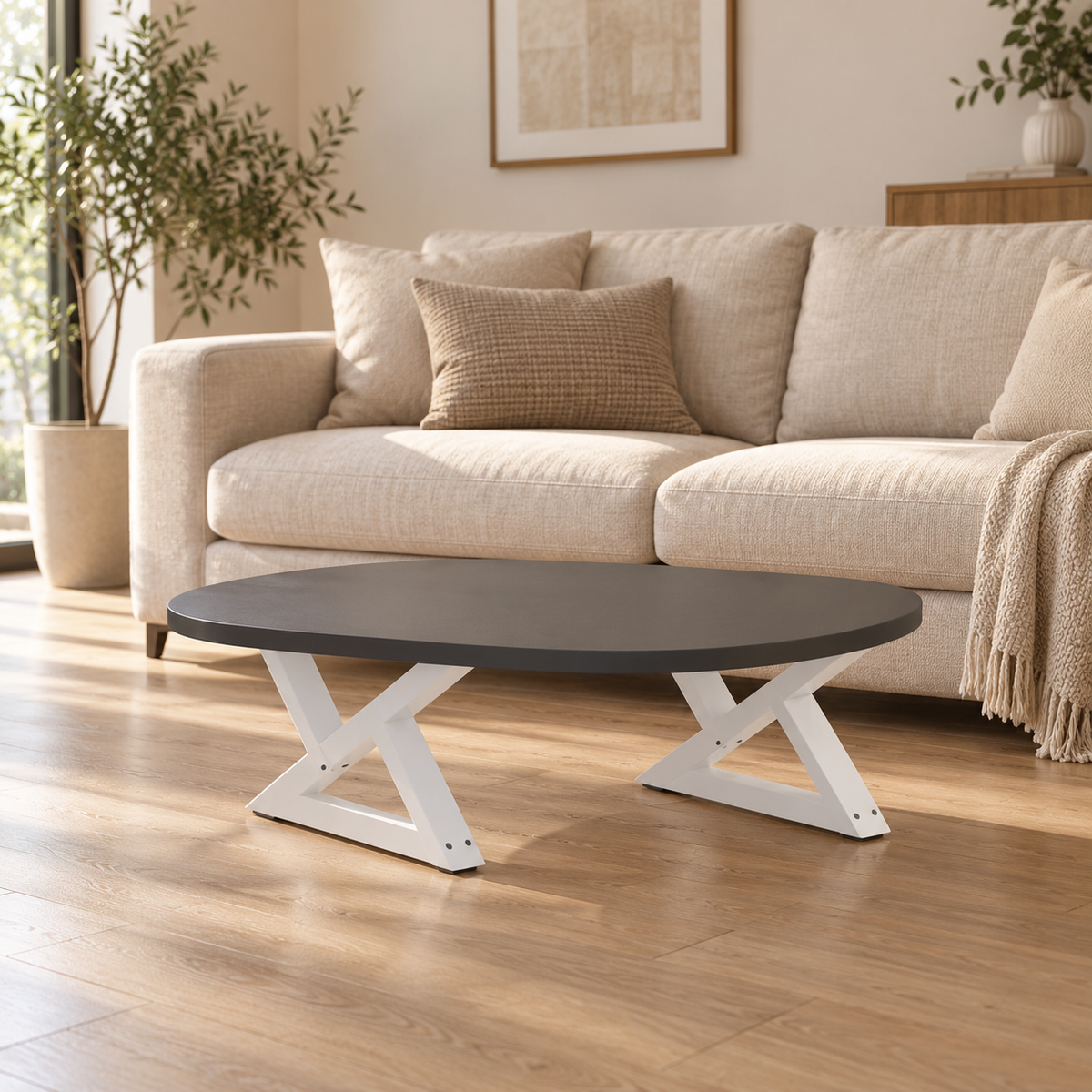 Pieds de table basse en X en acier blanc, lot de 2, 70 × 30 cm, en situation dans un salon
