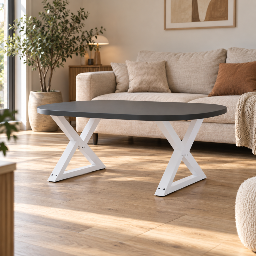 Pieds de table basse en X en acier blanc, lot de 2, 70 × 42 cm, en situation dans un salon