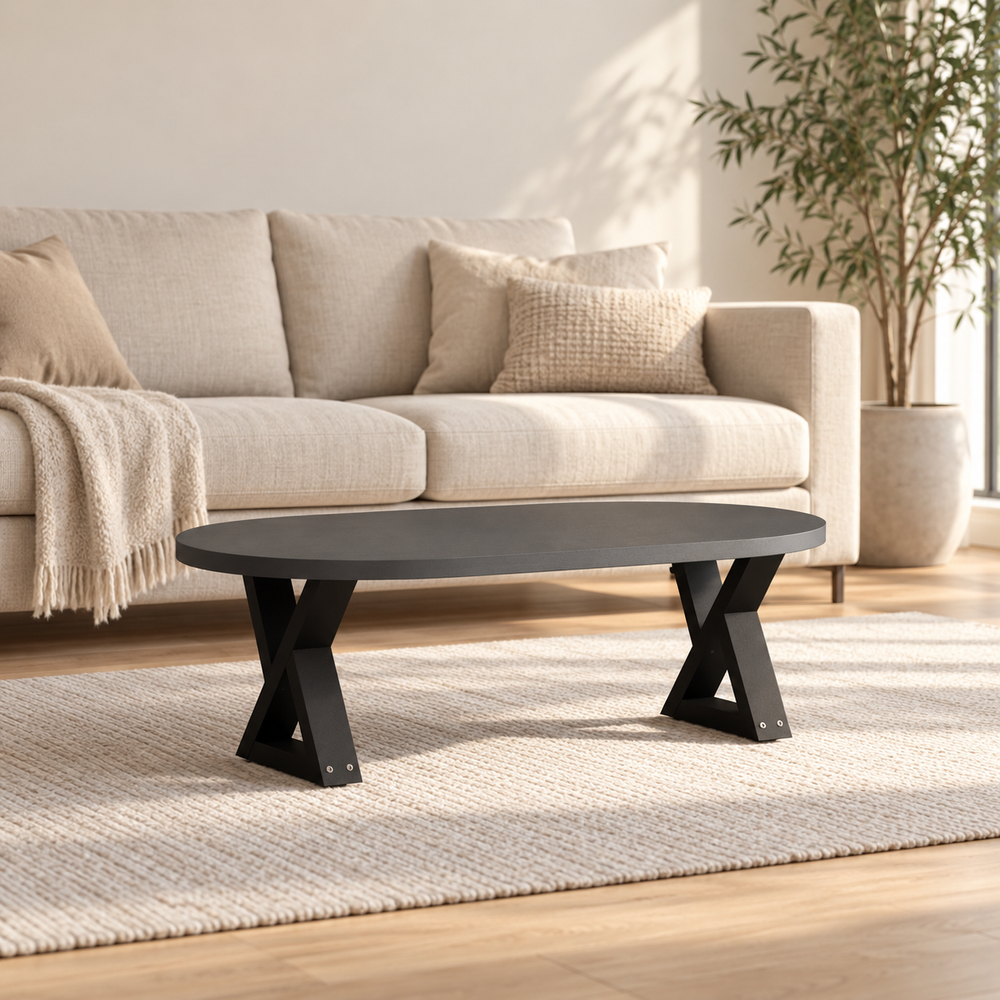 Table basse sur pieds en X 30 × 30 cm en acier dans un salon