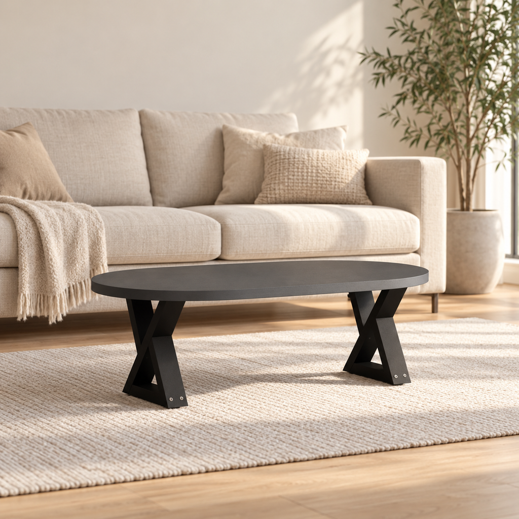 Pieds de table basse en X en acier noir, lot de 2, 30 × 30 cm, en situation dans un salon