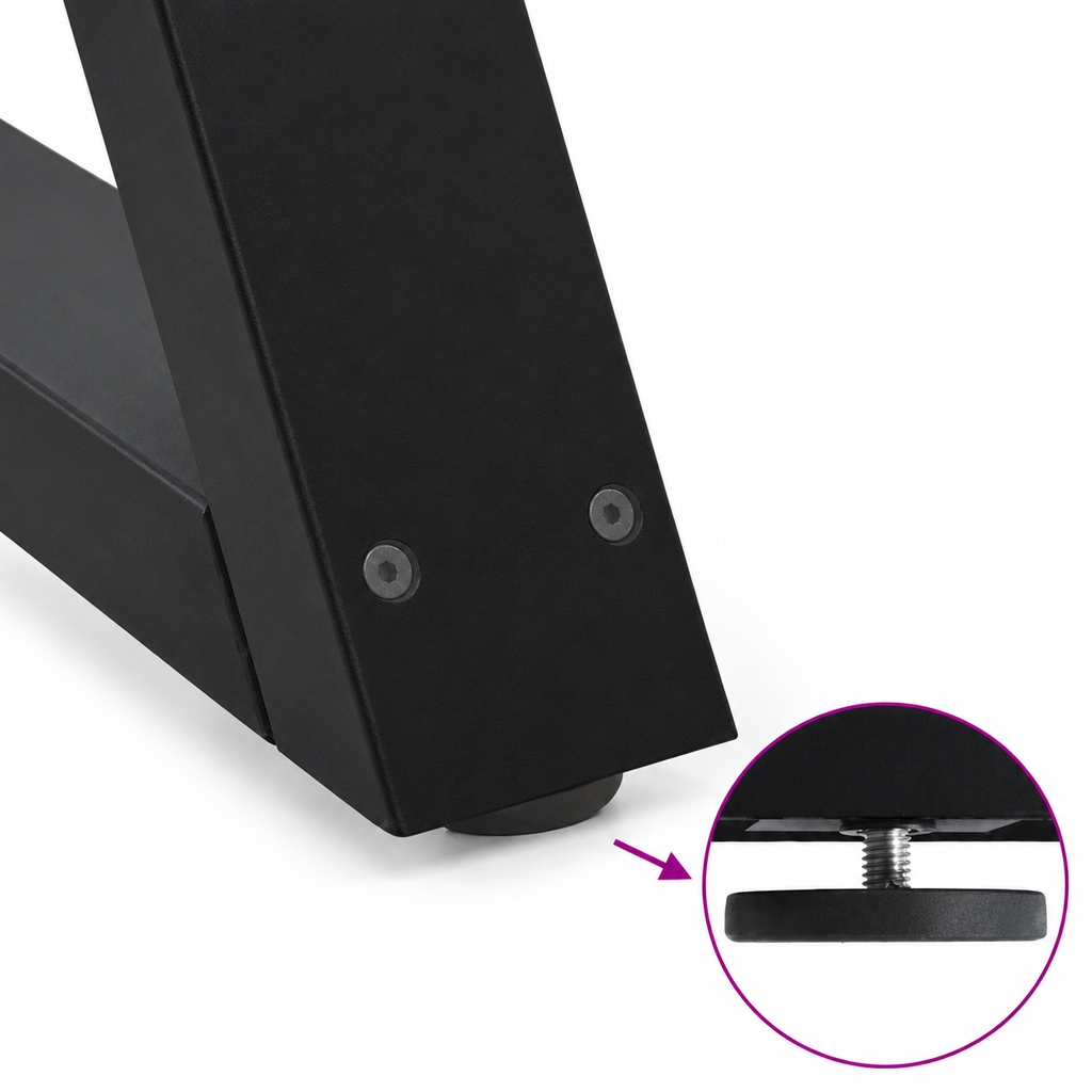 Détail du patin réglable des pieds de table basse en X en acier noir, 30 × 30 cm