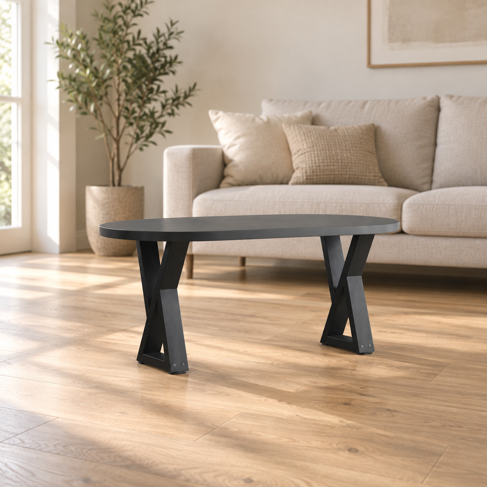 Table basse sur pieds en X 38 × 42 cm en acier dans un salon