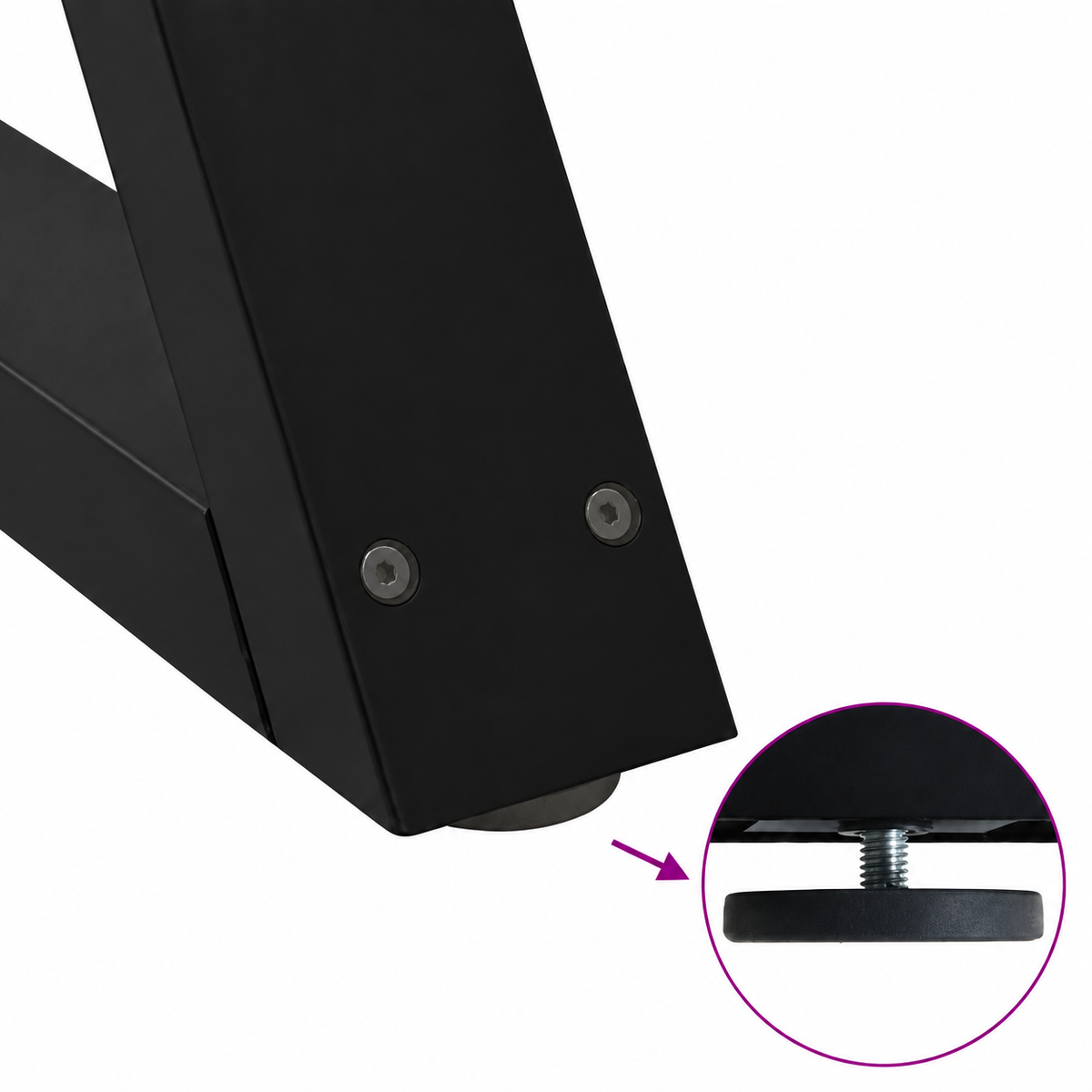 Détail du patin réglable des pieds de table basse en X en acier noir, 38 × 42 cm