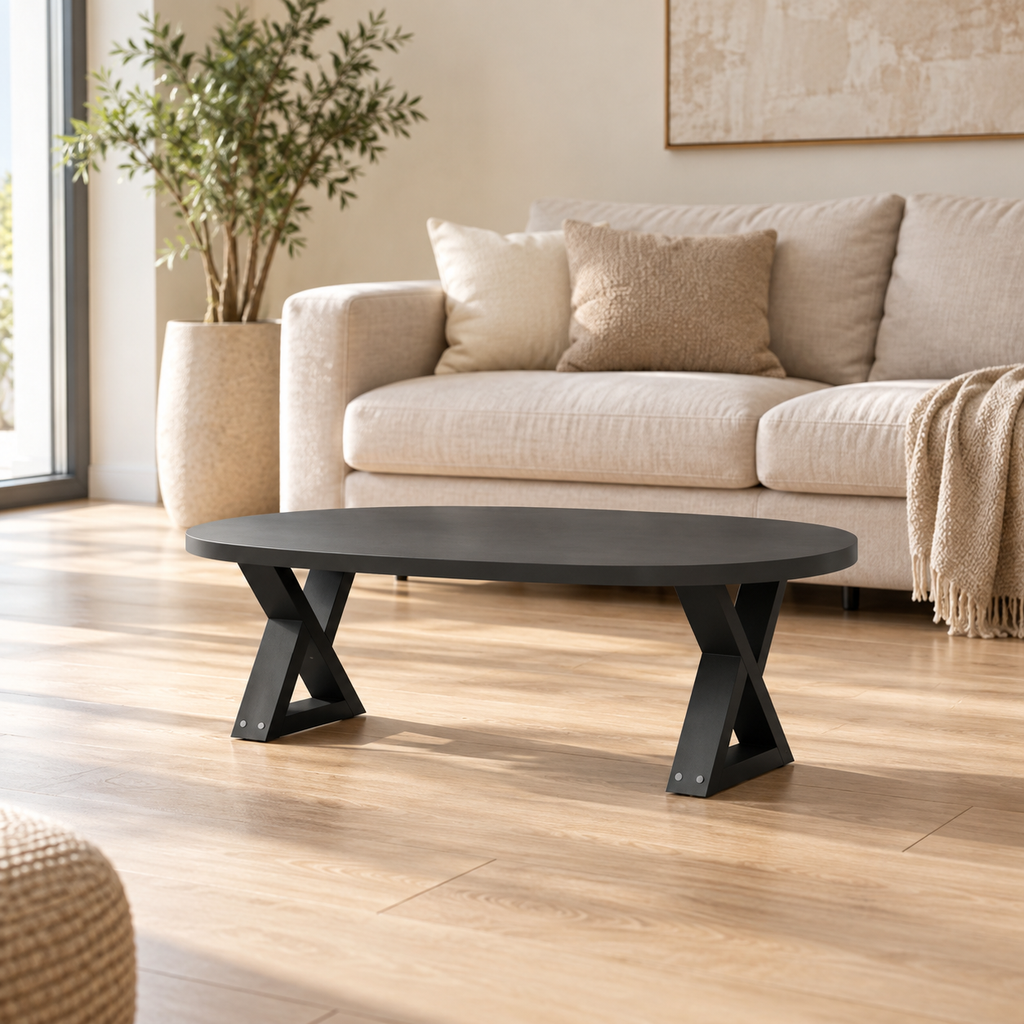 Pieds de table basse en X en acier noir, lot de 2, 40 × 30 cm, en situation dans un salon