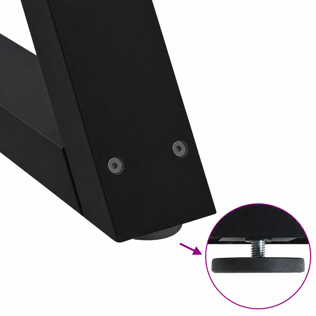 Détail du patin réglable des pieds de table basse en X en acier noir, 40 × 30 cm