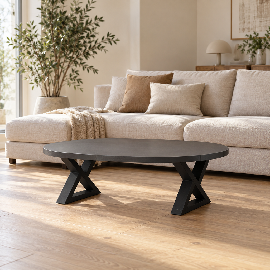 Pieds de table basse en X en acier noir, lot de 2, 50 × 30 cm, en situation dans un salon
