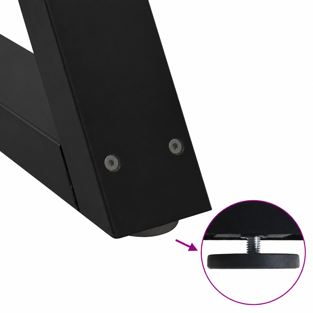 Détail du patin réglable des pieds de table basse en X en acier noir, 50 × 30 cm