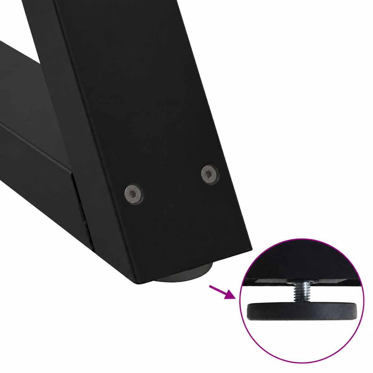 Détail du patin réglable des pieds de table basse en X en acier noir, 50 × 30 cm