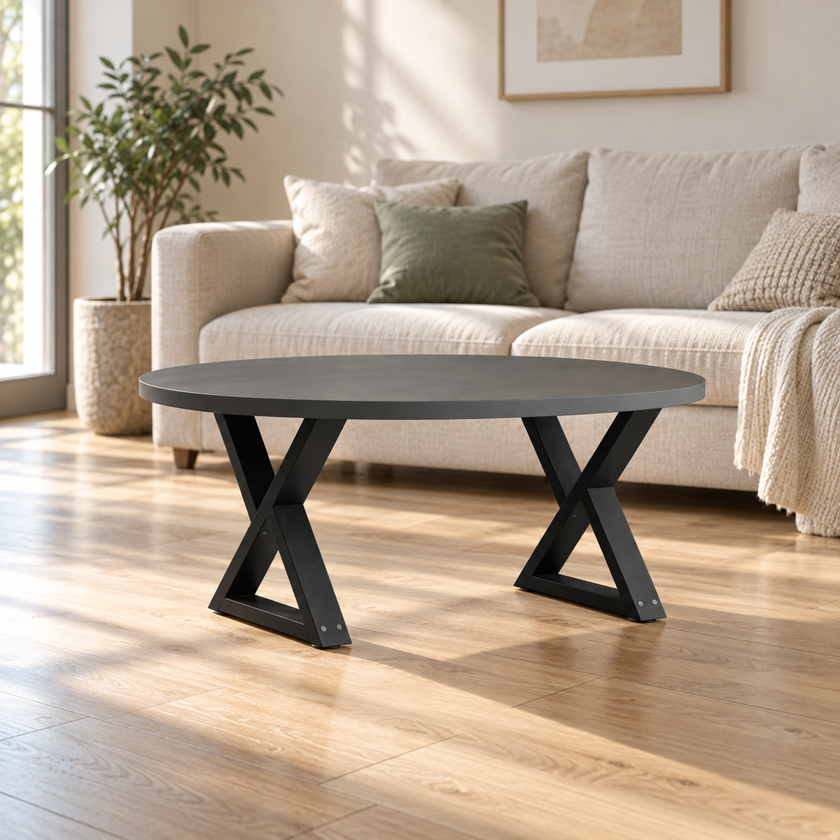 Pieds de table basse en X en acier noir, lot de 2, 50 × 42 cm, en situation dans un salon
