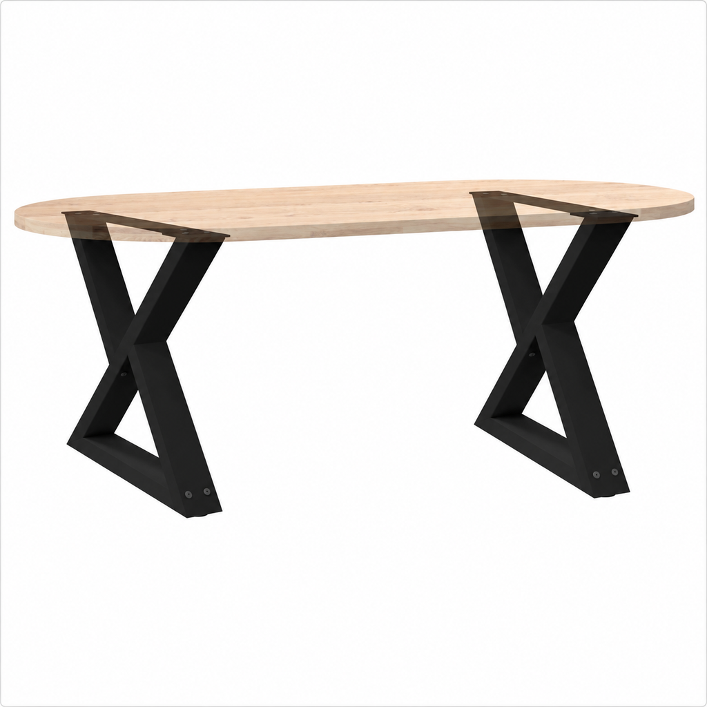 Pieds de table basse en X en acier noir, lot de 2, 50 × 42 cm, avec un plateau en bois