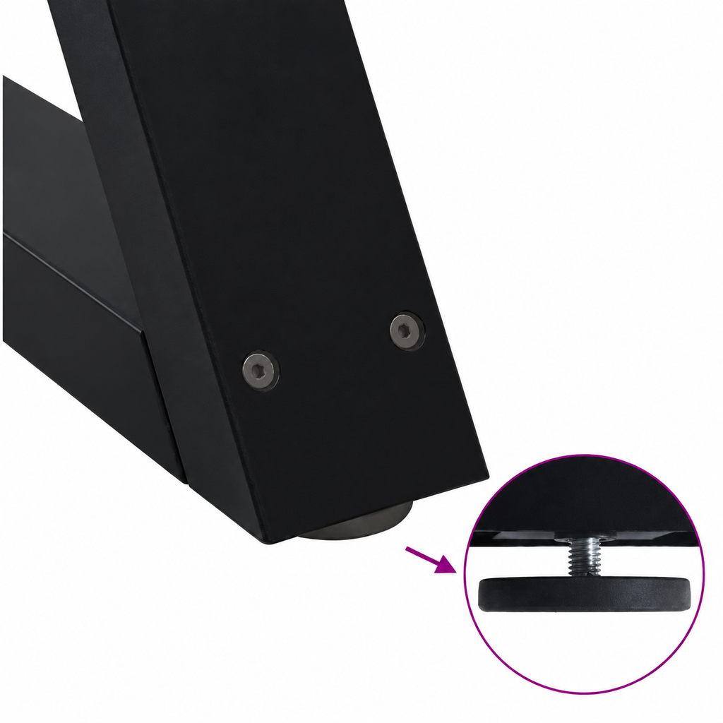 Détail du patin réglable des pieds de table basse en X en acier noir, 50 × 42 cm