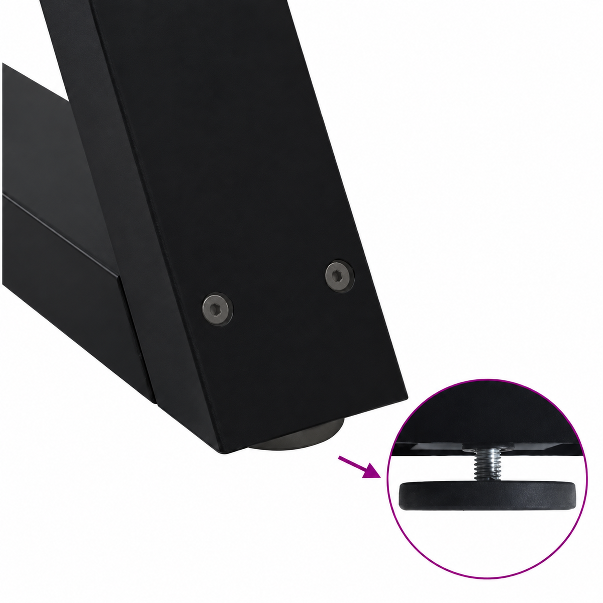 Détail du patin réglable des pieds de table basse en X en acier noir, 50 × 42 cm