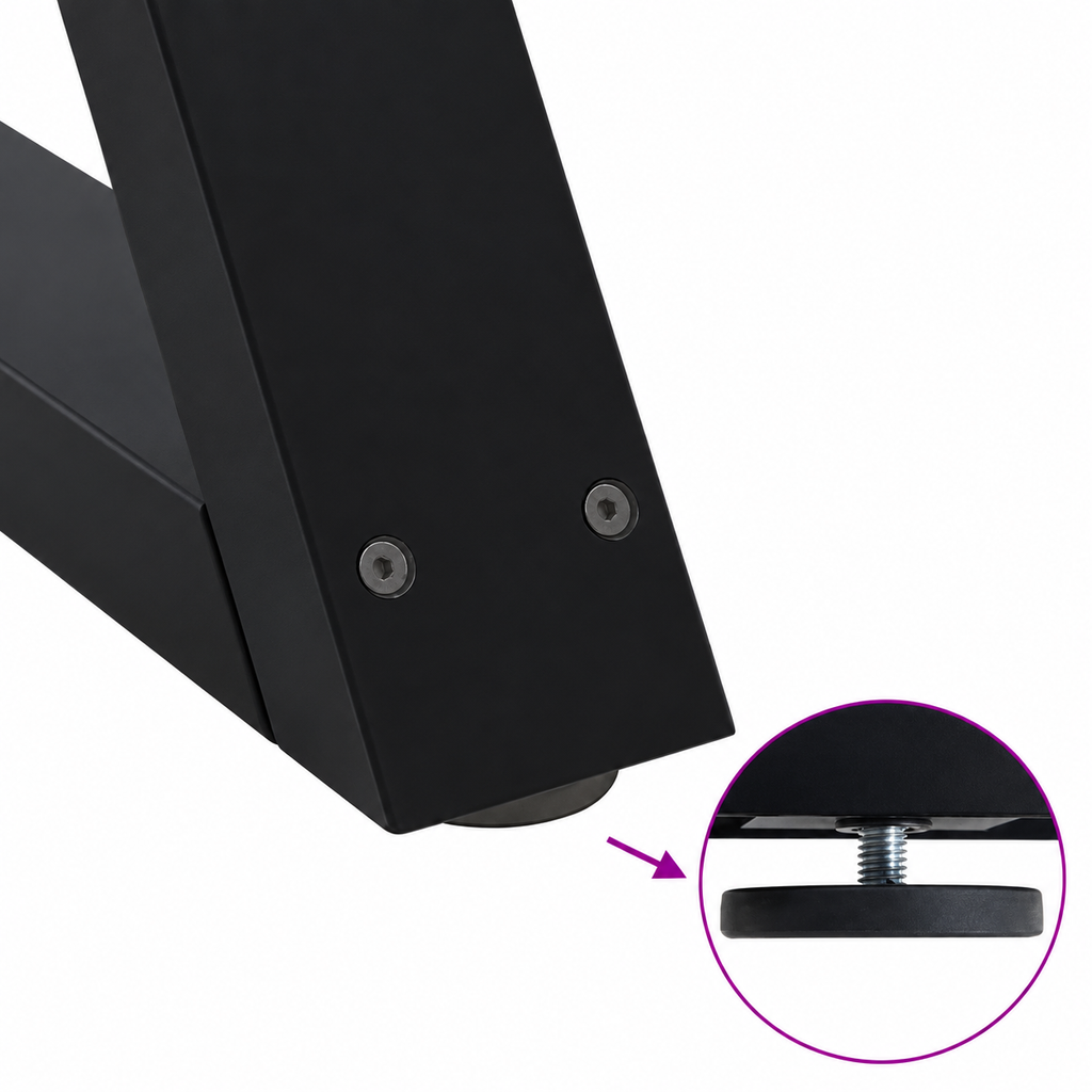 Détail du patin réglable des pieds de table basse en X en acier noir, 60 × 30 cm