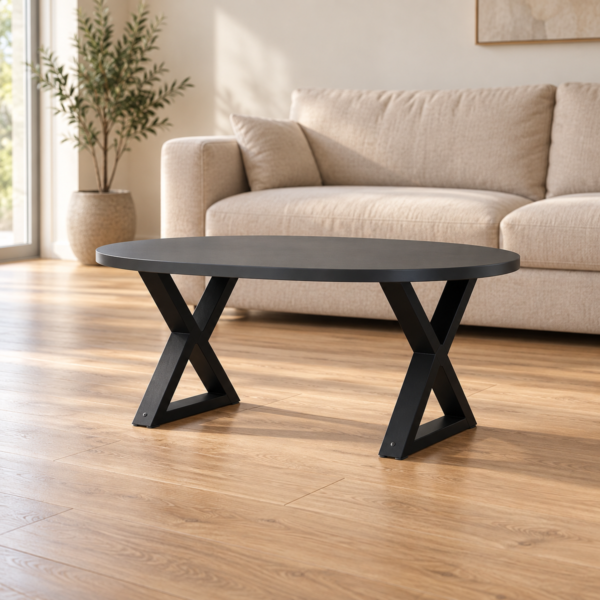 Pieds de table basse en X en acier noir, lot de 2, 60 × 42 cm, en situation dans un salon