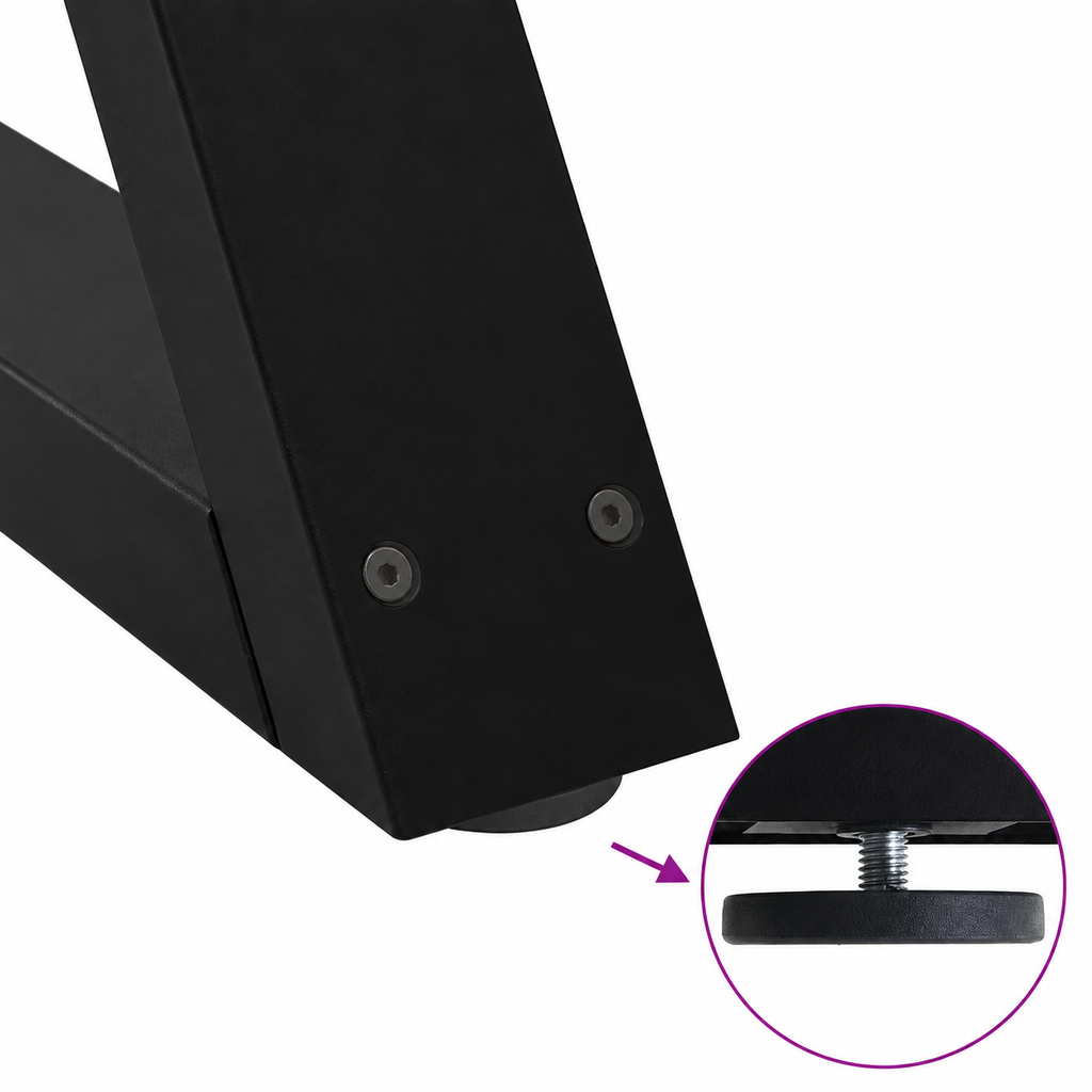 Détail du patin réglable des pieds de table basse en X en acier noir, 70 × 30 cm