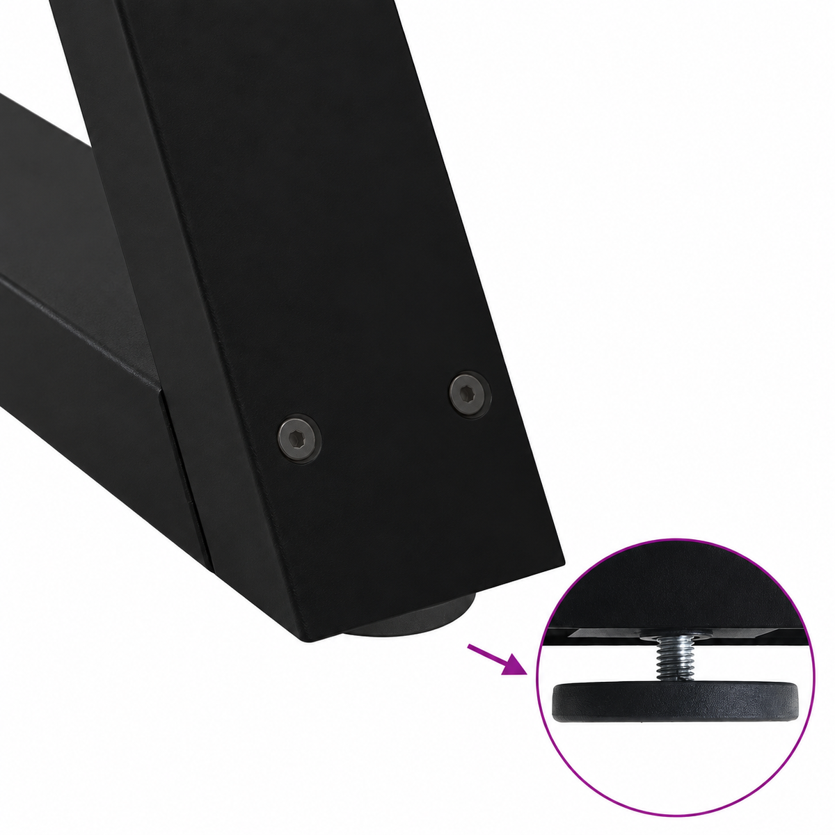 Détail du patin réglable des pieds de table basse en X en acier noir, 70 × 30 cm