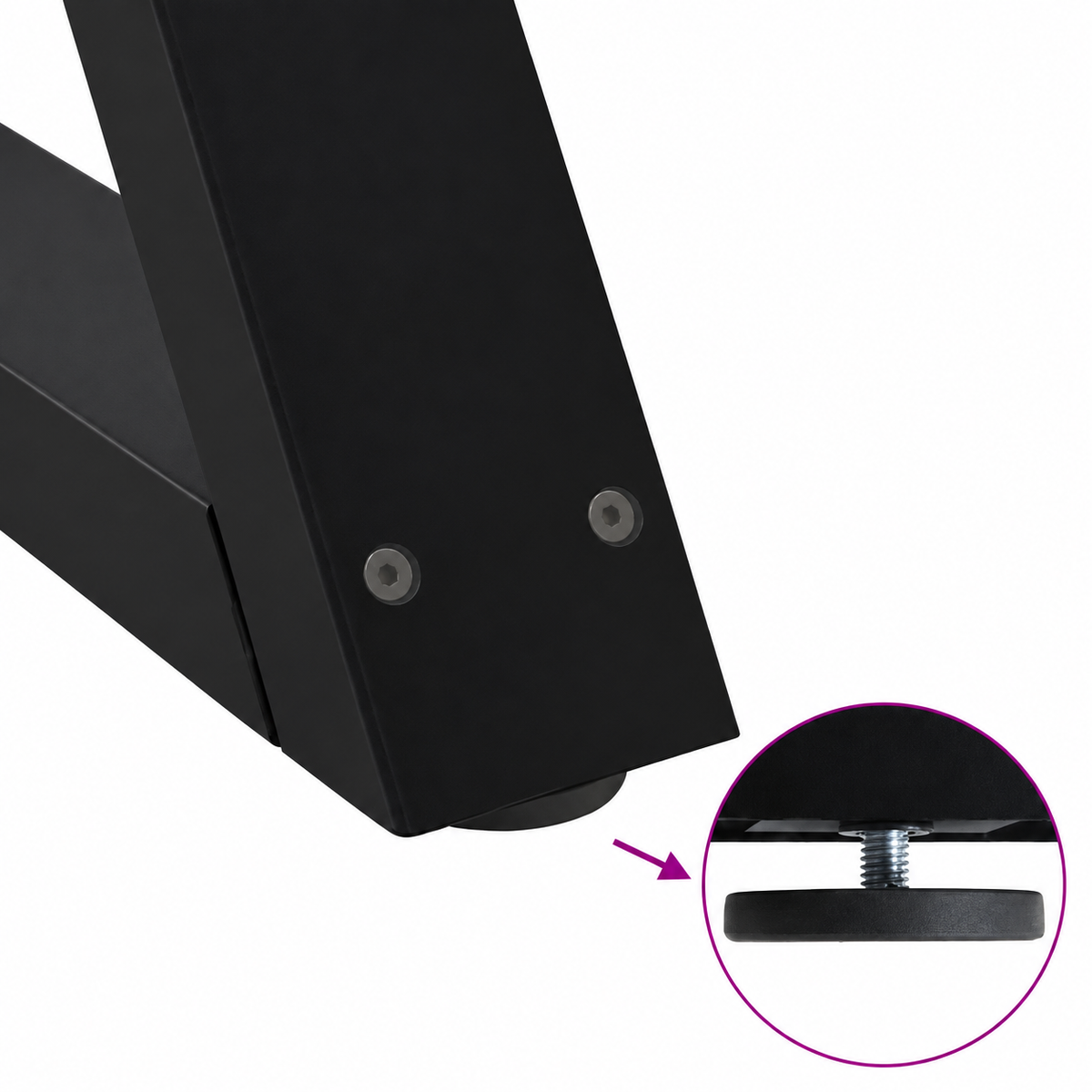 Détail du patin réglable des pieds de table basse en X en acier noir, 70 × 42 cm