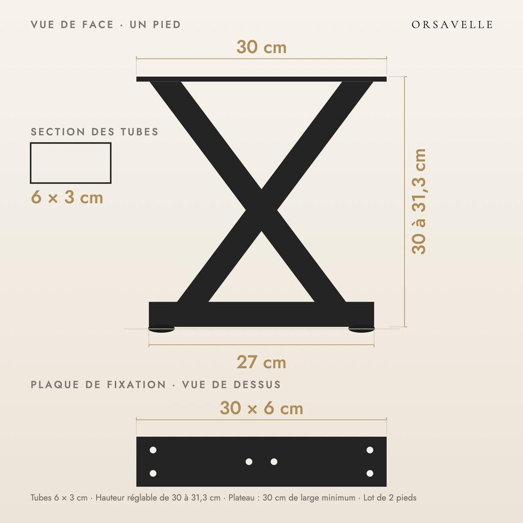 Schéma coté des Pieds de table basse en X en acier, Lot de 2, 30 × 30 cm : vue de face d'un pied, plaque de fixation, dimensions en cm